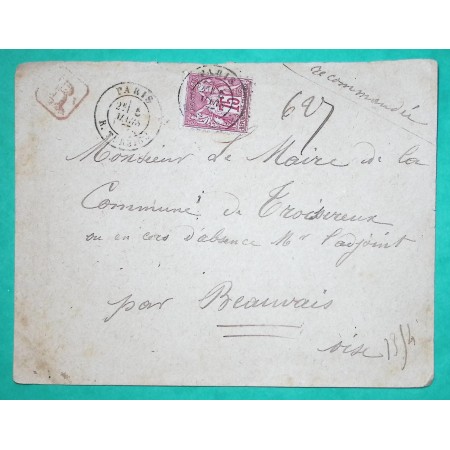 N°71 SAGE TYPE I 75C CARMIN SUR LETTRE RECOMMANDE PARIS RUE TURBIGO POUR BEAUVAIS OISE 1877