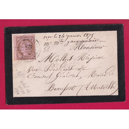N°58 CAD TYPE 17 MOUTIERS TARENTAISE SAVOIE POUR BEAUFORT 1875 LETTRE