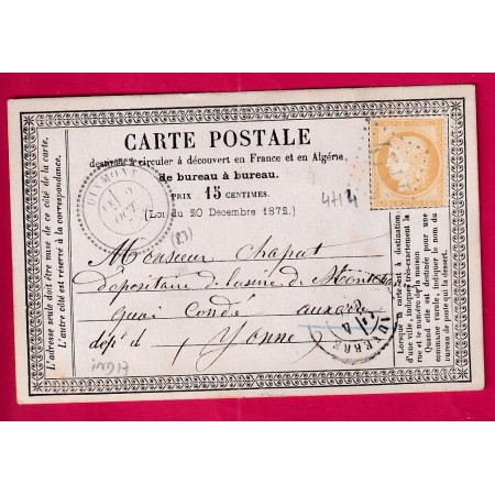 N°55 GC 4714 CAD TYPE 24 DIXMONT YONNE POUR AUXERRE CARTE PRECURSEUR INDICE 17 LETTRE