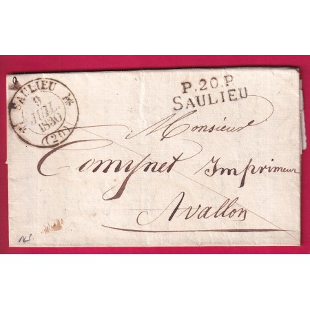 CAD TYPE 12 SAULIEU COTE D'OR + MARQUE P20P SAULIEU 1830 RARE NON SIGNALE PAR CHEVALIER POUR AVALLON YONNE LETTRE