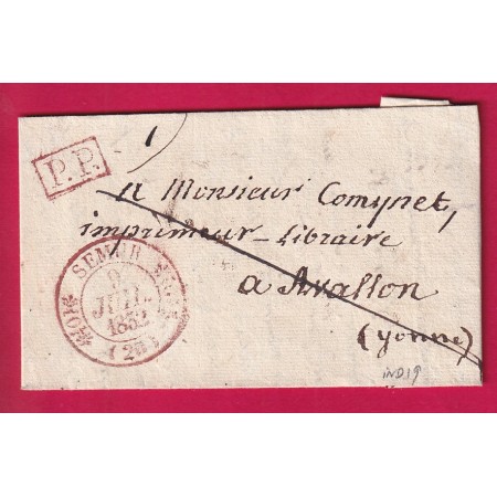 CAD TYPE 11 EN ROUGE SEMUR COTE D'OR + PP 1832 INDICE 19 POUR AVALLON YONNE LETTRE