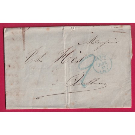 CAD BLEU PARIS DU 3 JANVIER 1849 + TAXE TAMPON 2 EN BLEU POUR AVALLON YONNE LETTRE