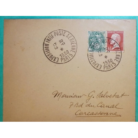 N°111 + 175 MIXTE BLANC PASTEUR CACHET EXPOSITION INTERNATIONALE POSTE AERIENNE PARIS 1930 POUR CARCASSONNE AUDE FRANCE