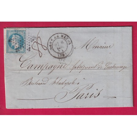 N°29 ETOILE PLEINE PARIS CAD GARE DE MACON SAONE ET LOIRE POUR PARIS 1869 LETTRE
