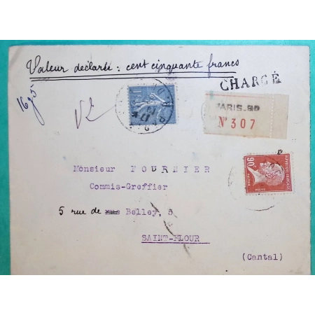 N°178 + 205 MIXTE PASTEUR SEMEUSE LETTRE CHARGE PARIS POUR SAINT FLOUR CANTAL 1927 LETTRE COVER FRANCE