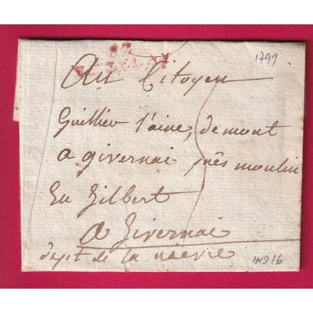 MARQUE 83 VEZELAY YONNE EN ROUGE 1799 POUR MOULIN ENGILBERT NIEVRE INDICE 16 LETTRE