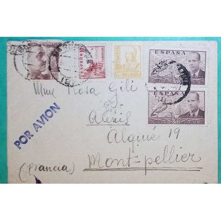 LETTRE PAR AVION BARCELONE BARCELONA GUERRE D'ESPAGNE CENSURE MILITAIRE CENSURA MILITAR POUR MONTPELLIER FRANCE