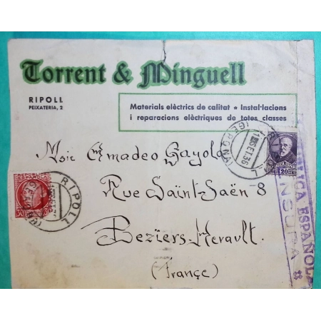 LETTRE RIPOLL GERONA GUERRE D'ESPAGNE CENSURE MILITAIRE CENSURA MILITAR POUR BEZIERS HERAULT FRANCE 1936 COVER FRANCE