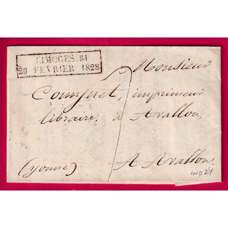 MARQUE ESSAI FEVRIER 1828 LIMOGES HAUTE VIENNE POUR AVALLON YONNE INDICE 24 LETTRE