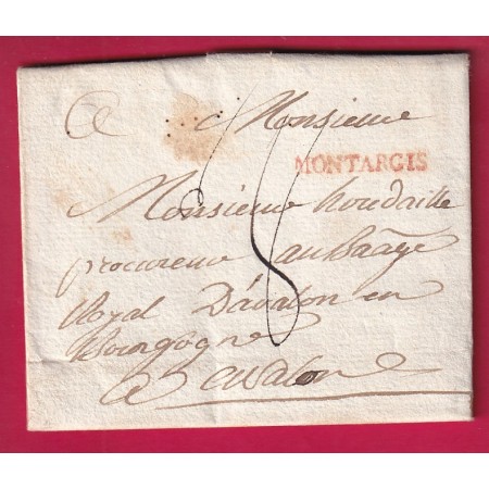 MARQUE MONTARGIS EN ROUGE LOIRET POUR AVALLON YONNE 1789 LETTRE
