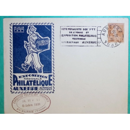 N°235 SEMEUSE ENVELOPPE + FLIER EXPOSITION PHILATELIQUE DES PTT AUXERRE YONNE 1931 LETTRE COVER FRANCE