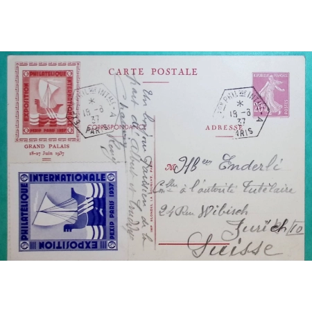 ENTIER 20C SEMEUSE LILAS EXPOSITION PHILATELIQUE INTERNATIONALE PARIS 1937 POUR ZURICH SUISSE COVER FRANCE