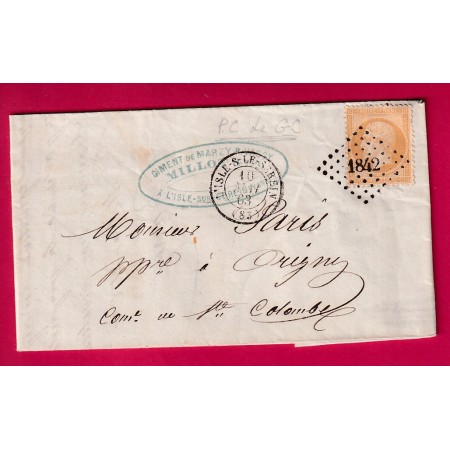 N°21 PC DU GC 1842 L'ISLE SUR LE SEREIN YONNE RARE NON SIGNALE PAR POTHION POUR STE COLOMBE LETTRE