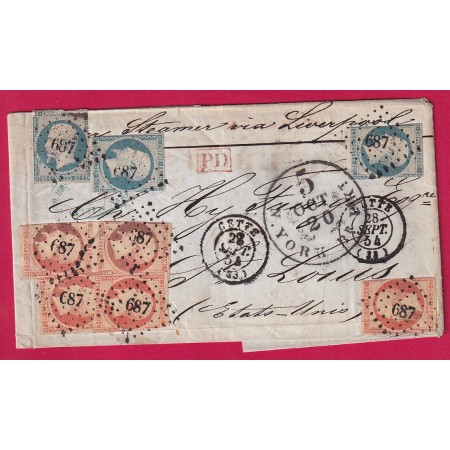 N°14 X3 + 16 X5 PC 687 CETTE HERAULT DOUBLE PORT POUR ST LOUIS LOUISIANE ETATS UNIS VIA NEW YORK 28 SEPT 1854 LETTRE