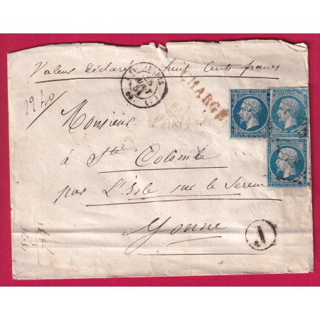 N°14 X3 DEUX NUANCES PARIS BUREAU J LETTRE CHARGE POUR ISLE SUR LE SEREIN YONNE LETTRE