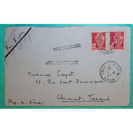 LETTRE PAR AVION ORAN ALGERIE GRIFFE VOIE ORDINAIRE AFFRANCHISSEMENT INSUFFISANT POUR CLERMONT FERRAND COVER FRANCE