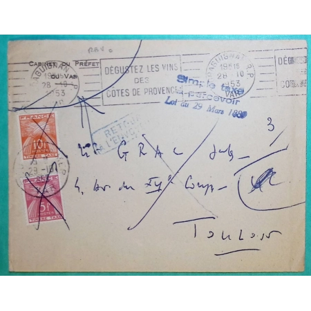 TAXE GERBES 5F + 10F GRIFFE SIMPLE TAXE RETOUR ENVOYEUR + INCONNU DEPART DRAGUIGNAN VAR POUR TOULON 1953 COVER FRANCE