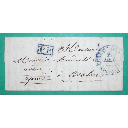 CAD TYPE 13 BUREAU CENTRAL PARIS BLEU PP PORT PAYE POUR AVALLON YONNE 1834