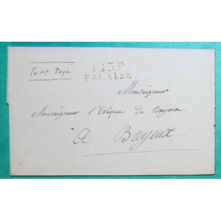 MARQUE P13P FALAISE ROUGE CALVADOS PORT PAYE POUR BAYEUX 25x9 1821 LETTRE COVER FRANCE