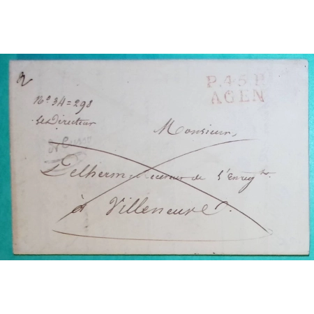 MARQUE P45P AGEN ROUGE LOT ET GARONNE PORT PAYE POUR VILLENEUVE SUR LOT CONTRESEING DIRECTEUR DES DOMAINES 23x11 1823