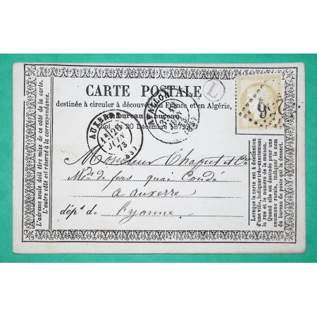 N°59 CARTE PRECURSEUR GC 256 AVALLON YONNE BOITE RURALE L PONT AUBERT POUR AUXERRE 1873