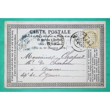 N°55 CARTE PRECURSEUR GC 1742 GUILLON YONNE BOITE RURALE SUPPLEMENTAIRE C2 MONTREAL POUR AUXERRE 1876