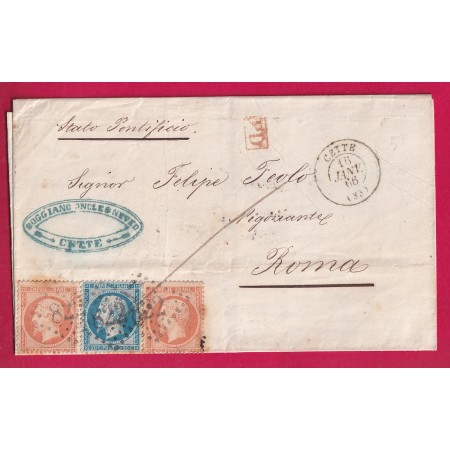 N°22 + 23 X2 GC 822 CETTE HERAULT POUR ROME ROMA ITALIE 1866 LETTRE