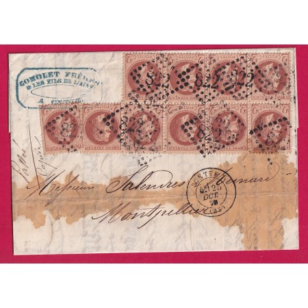 N°27 BLOC DE 9 + UN GC 822 CETTE HERAULT POUR MONTPELLIER 25 OCT 1870 LETTRE