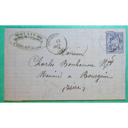 N°78 SAGE CAD TYPE 16 AIGUEPERSE PUY DE DOME NON SIGNALE MATHIEU DEPART SAULZET ALLIER POUR BOURGOIN ISERE 1876 FRANCE