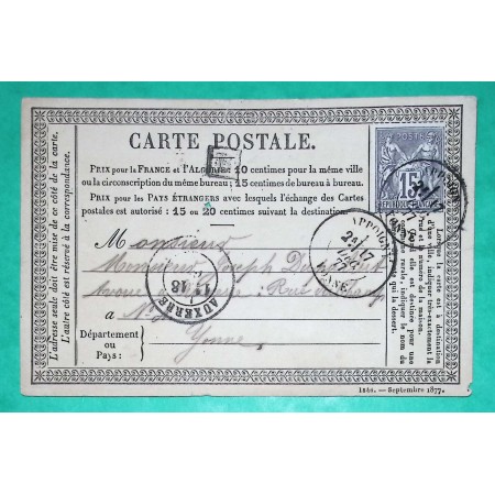 N°77 CARTE PRECURSEUR SAGE CAD TYPE 18 APPOIGNY BOITE URBAINE B LES BRIES POUR AUXERRE 1877