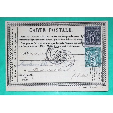 N°75 + 89 SAGE CARTE PRECURSEUR TARIF 15C CAD TYPE 18 LANDREVILLE AUBE POUR BAR SUR SEINE 1878