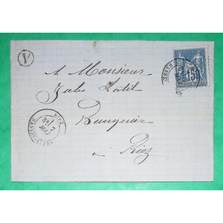 N°90 SAGE CAD TYPE 18 RIEZ BASSES ALPES BOITE RURALE A MONTAGNAC POUR RIEZ 1879