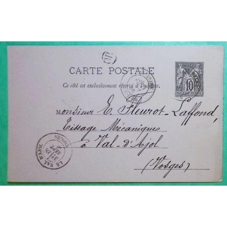 ENTIER SAGE 10C CARTE POSTALE ST SEINE COTE D'OR OR ORIGINE RURALE PELLEREY POUR LE VAL D'AJOL VOSGES 1886 COVER FRANCE