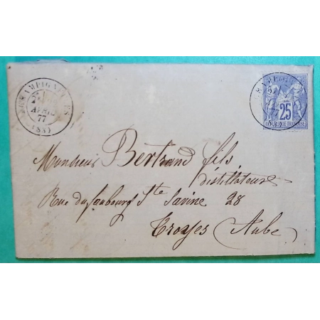 N°78 SAGE CAD TYPE 17 CHAMPIGNELLES YONNE POUR TROYES AUBE 1877 LETTRE COVER FRANCE