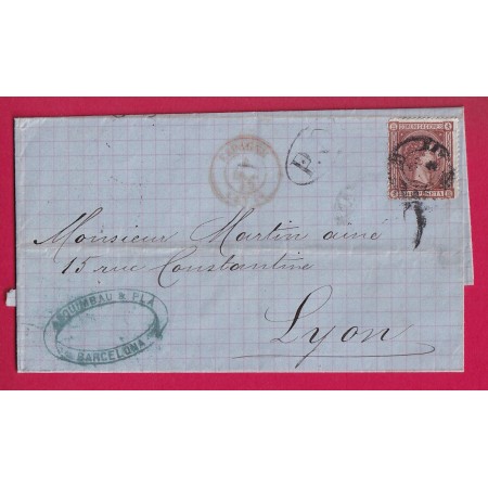 CACHET ENTREE ESPAGNE CETTE EN ROUGE DEPART BARCELONE ESPAGNE 1875 LETTRE
