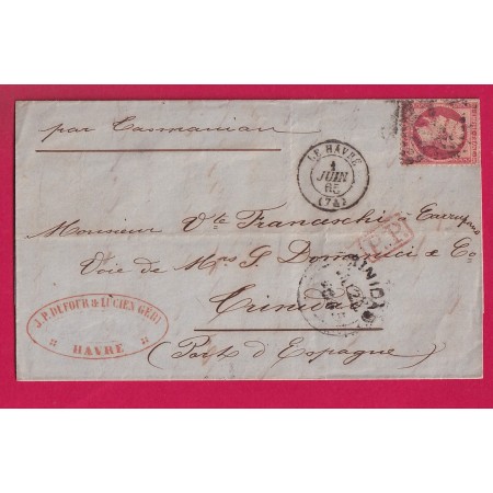 N°24 LE HAVRE SEINE INFERIEURE POUR PORT D'ESPAGNE TRINIDAD ET TOBAGO 1865 LETTRE