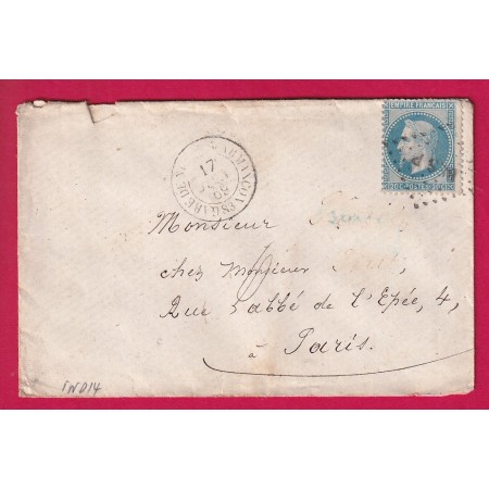 N°29 CAD TYPE 15 GARE DE NUITS SUR ARMANCON YONNE INDICE 14 POUR PARIS 1869 LETTRE