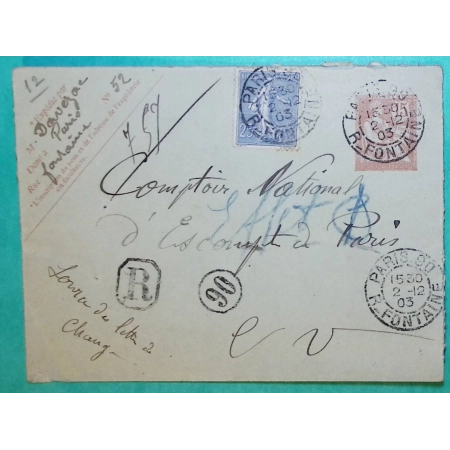 ENTIER MOUCHON RETOUCHE 15C + COMPLEMENT AFFRANCHISSEMENT SEMEUSE N°132 25C RECOMMANDE LOCAL EN VILLE PARIS 1903