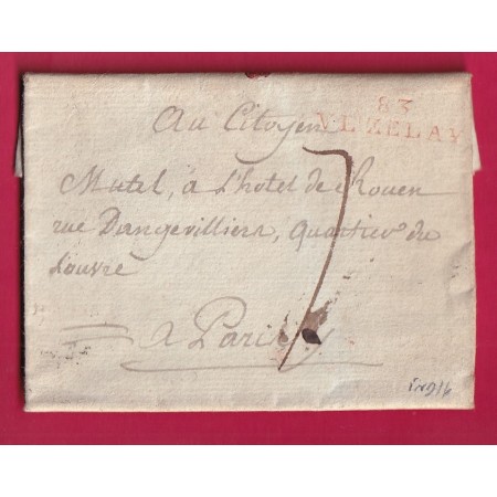 MARQUE 83 VEZELAY YONNE EN ROUGE INDICE 16 POUR PARIS 1793 LETTRE