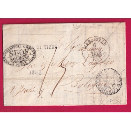 CAD TYPE 13 MARSEILLE BOUCHES DU RHON POUR BOLOGNE ITALIE VIA DI NIZZA NICE ALPES MARITIMES 1848 LETTRE