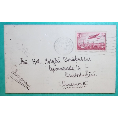 YT N°11 POSTE AERIENNE 2F50 ROSE AVION SEUL SUR LETTRE PAR AVION MARSEILLE POUR DANEMARK 1936 COVER FRANCE