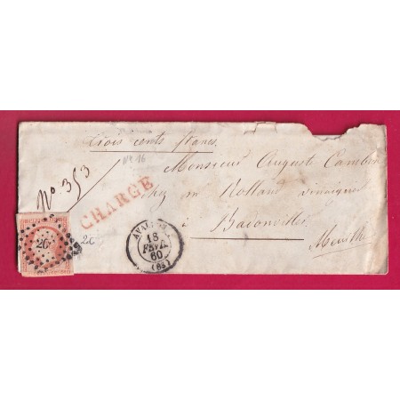 N°16 PC 206 AVALLON YONNE LETTRE CHARGE POUR BADONVILLER MEURTHE ET MOSELLE LETTRE