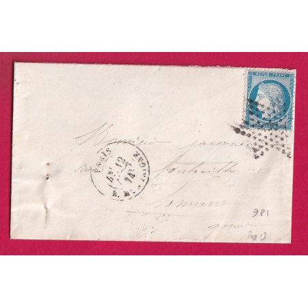 N°60 PARIS ETOILE 9 P1 R MONTAIGNE POUR TONNERRE YONNE INDICE 13 LETTRE