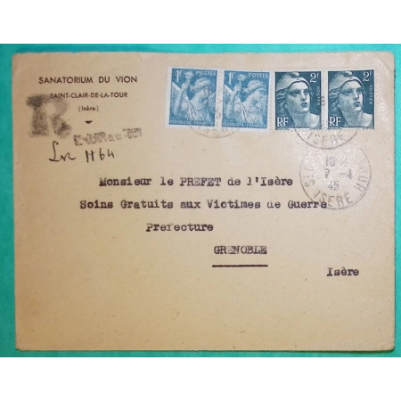 N°650 x2 + 713 x2 MIXTE IRIS MARIANNE DE GANDON RECOMMANDE PROVISOIRE ST CLAIR DE LA TOUR ISERE POUR GRENOBLE 1945 COVER