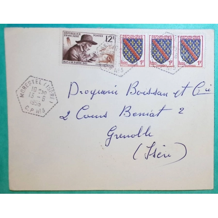 N°1002 x3 + 1055 ARMOIRIES BOURBONNAIS JH FABRE CACHET MANUEL POSTE AUTOMOBILE MORESTEL ISERE CP N°3 POUR GRENOBLE 1956