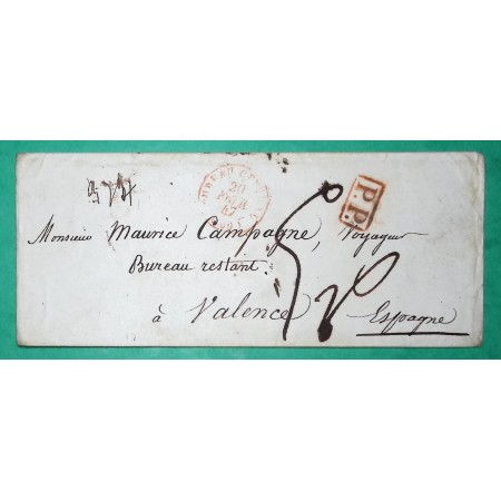 CAD TYPE 15 BUREAU CENTRAL PARIS ROUGE PP PORT PAYE POUR VALENCE ESPAGNE 1847