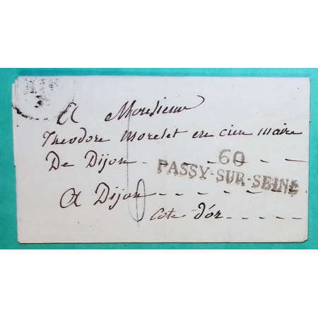 MARQUE 60 PASSY SUR SEINE POUR DIJON COTE D'OR 52x11 1827 LETTRE COVER FRANCE