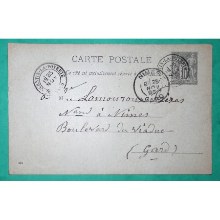 ENTIER SAGE 10C CARTE POSTALE CAD TYPE 18  ST QUENTIN LA POTERIE GARD POUR NIMES 1895