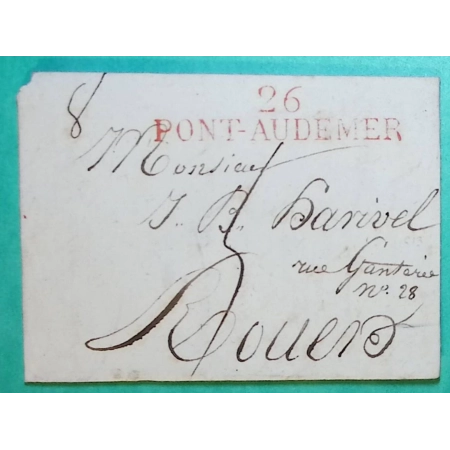 MARQUE 26 PONT AUDEMER EURE ROUGE POUR ROUEN SEINE INFERIEURE 52x11 1813 LETTRE COVER FRANCE