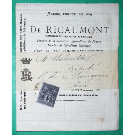 N°83 SAGE BANDE DE JOURNAL PUB DOCUMENT ILLUSTRE MAISON DE RICAUMONT VINS POUR PARIS